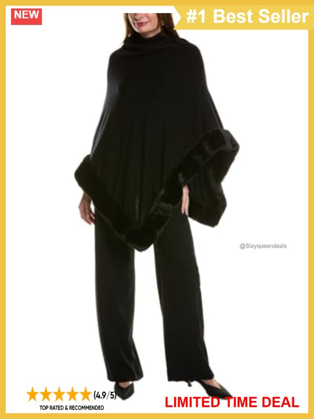 Anne Klein Fur Trim Poncho Cape Hooded Sweater